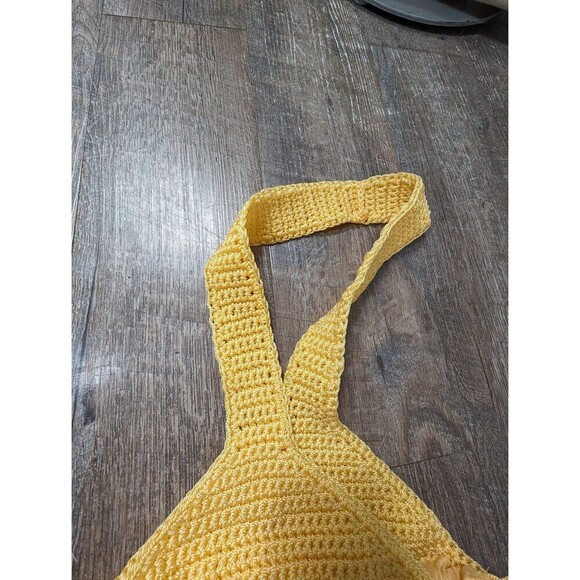 Vintage Drawstring Crochet Purse, Yellow Bohemian Shoulder Bag - Picture 5 of 10